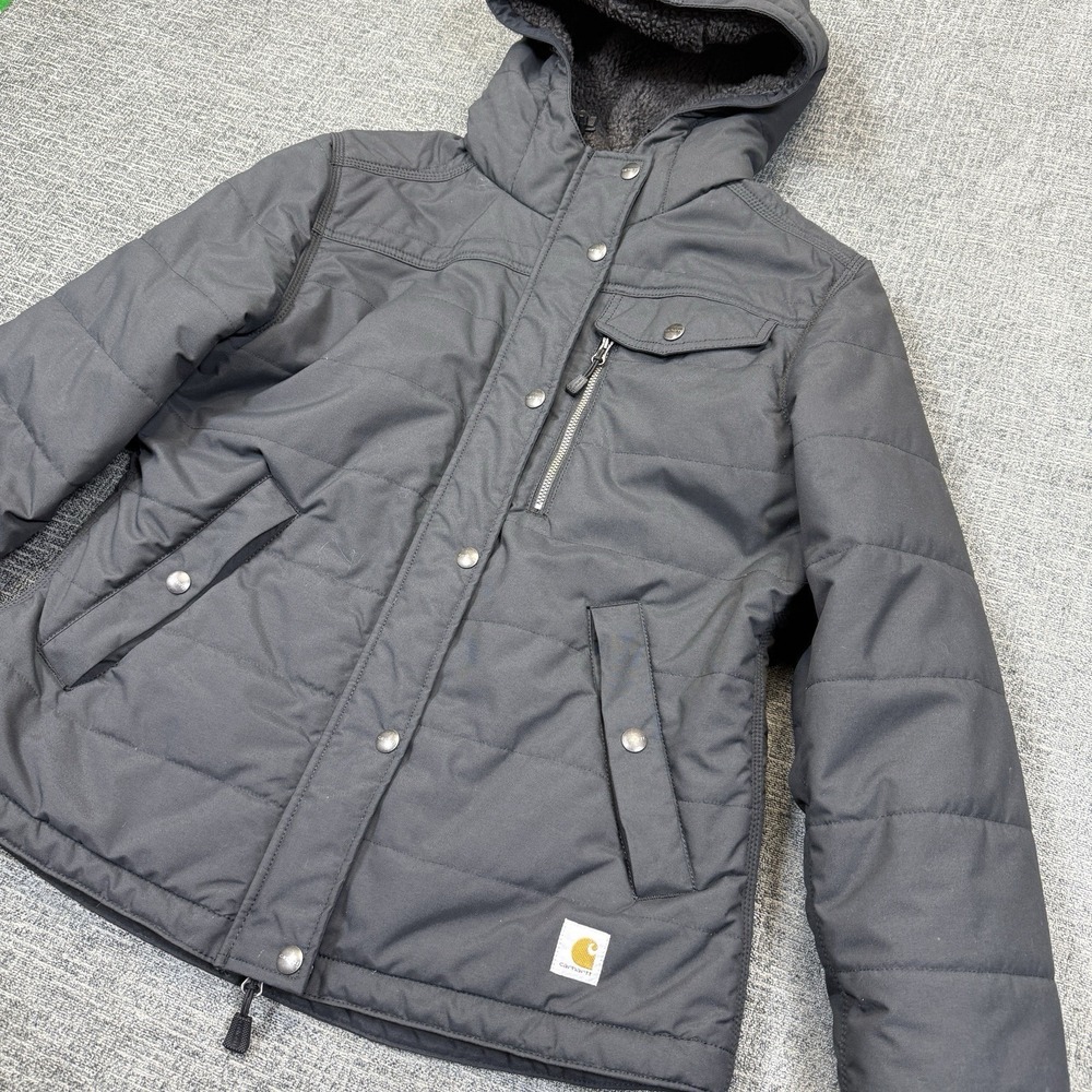 Carhartt‎ Sherpa Lined Jacket Womens M Black Hooded Quilted Workwear Coat 103909